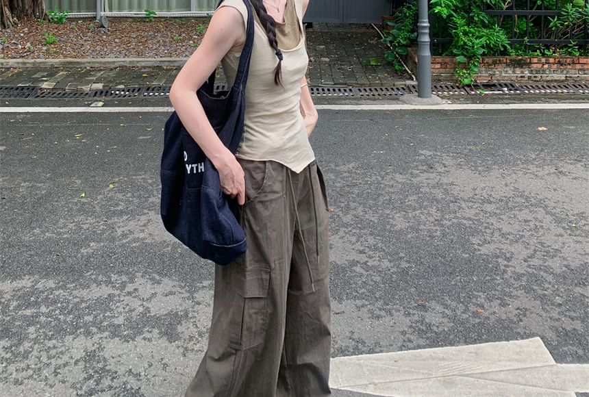 Crew Neck Mock Two Piece Asymmetrical Tank Top / Drawstring Waist Plain Baggy Cargo Pants