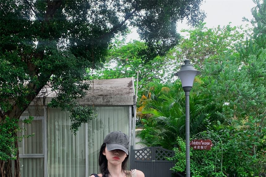 Crew Neck Mock Two Piece Asymmetrical Tank Top / Drawstring Waist Plain Baggy Cargo Pants