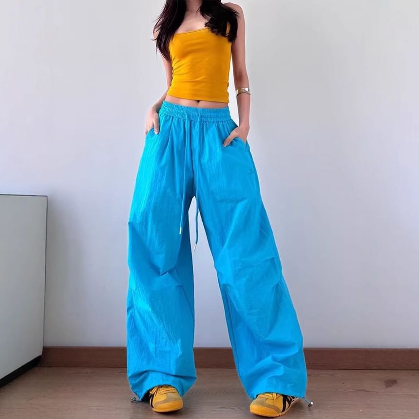 Drawstring Waist Plain Baggy Cargo Pants