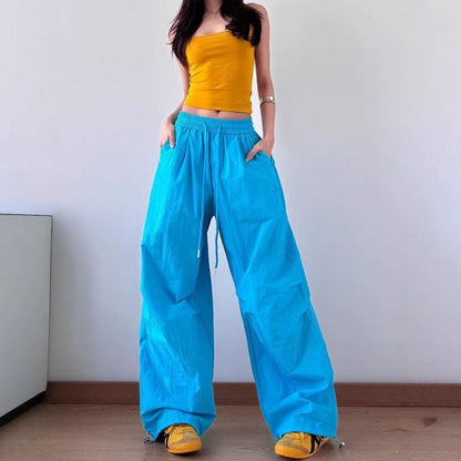 Drawstring Waist Plain Baggy Cargo Pants