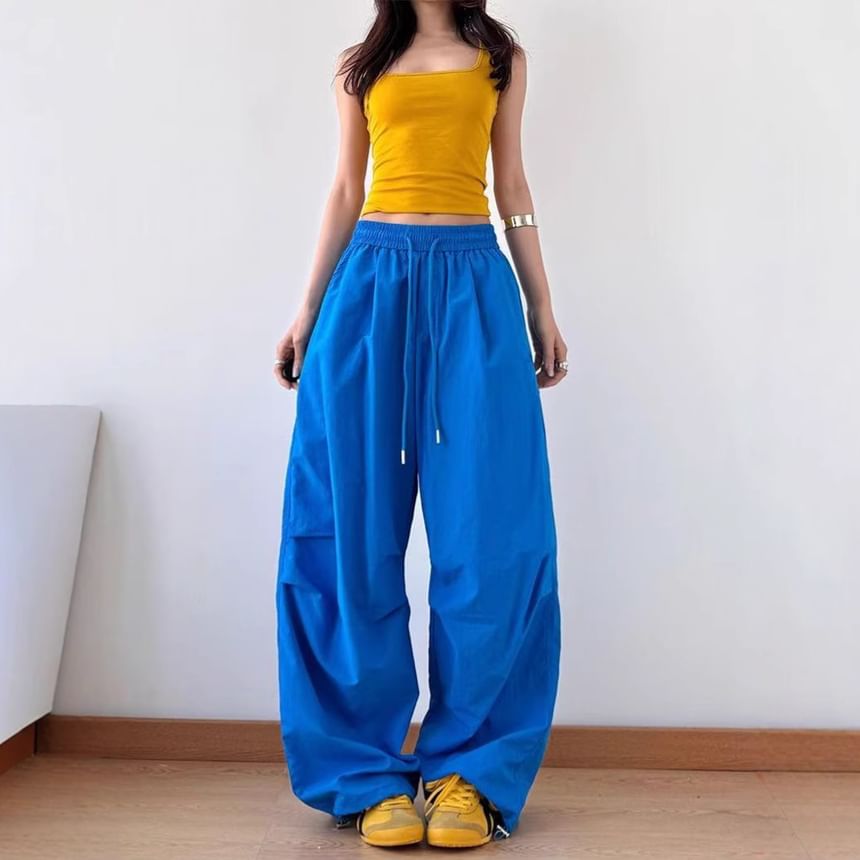 Drawstring Waist Plain Baggy Cargo Pants