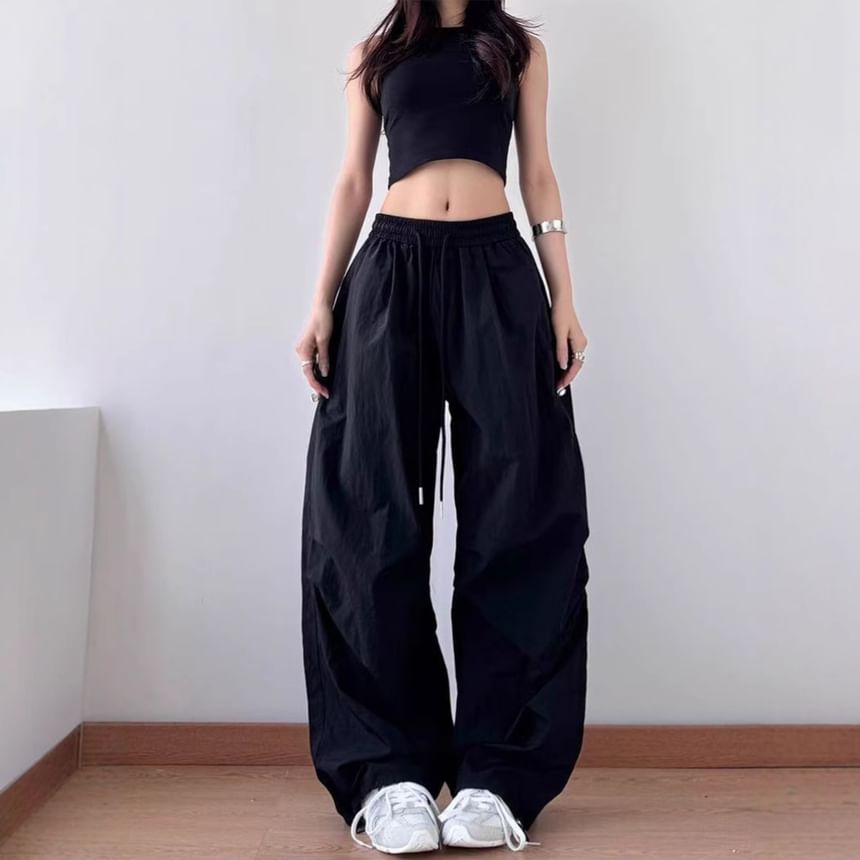Drawstring Waist Plain Baggy Cargo Pants