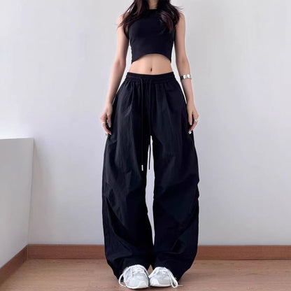 Drawstring Waist Plain Baggy Cargo Pants