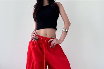 Drawstring Waist Plain Baggy Cargo Pants