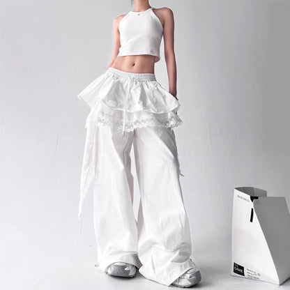 Drawstring Waist Lace Panel Layered Skirt Overlay Baggy Cargo Pants