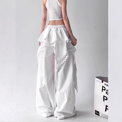Drawstring Waist Lace Panel Layered Skirt Overlay Baggy Cargo Pants