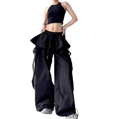 Drawstring Waist Lace Panel Layered Skirt Overlay Baggy Cargo Pants