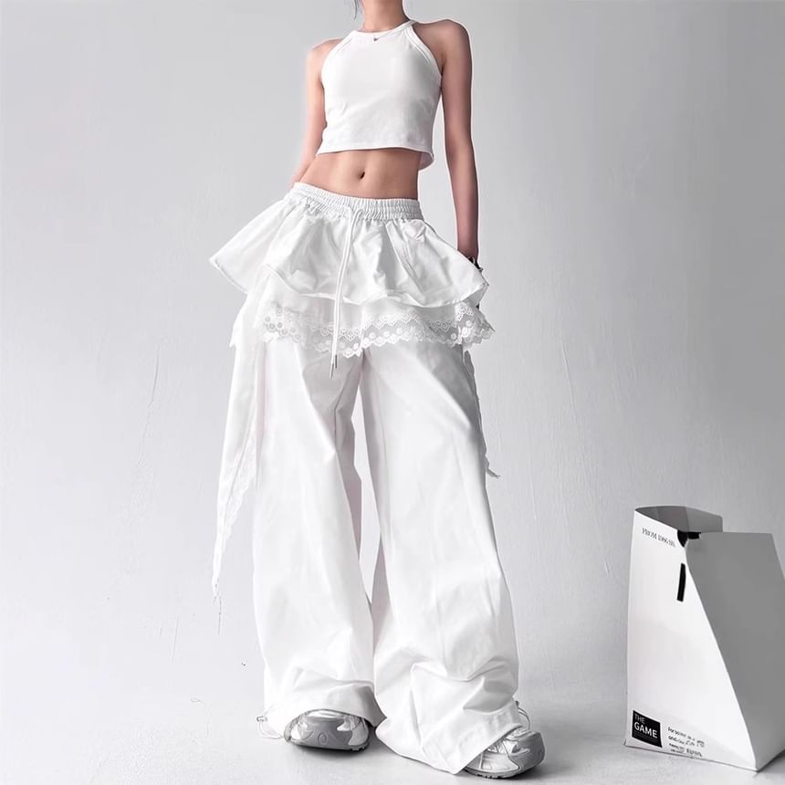 Drawstring Waist Lace Panel Layered Skirt Overlay Baggy Cargo Pants