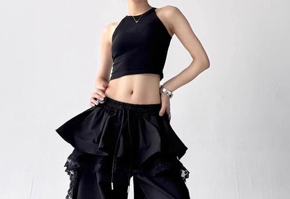 Drawstring Waist Lace Panel Layered Skirt Overlay Baggy Cargo Pants