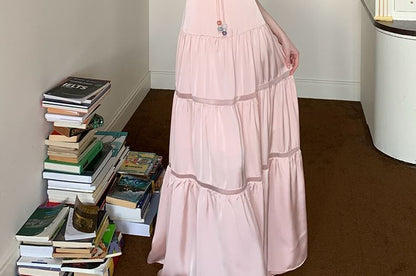 Tie-Up Satin Tiered Spaghetti Strap A-Line Maxi Dress