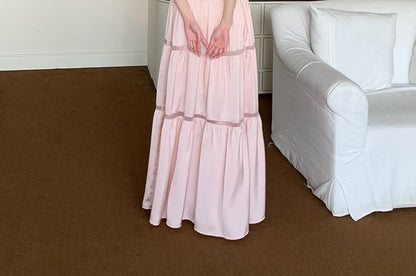 Tie-Up Satin Tiered Spaghetti Strap A-Line Maxi Dress