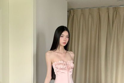 Tie-Up Satin Tiered Spaghetti Strap A-Line Maxi Dress