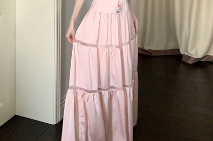 Tie-Up Satin Tiered Spaghetti Strap A-Line Maxi Dress