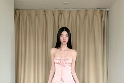 Tie-Up Satin Tiered Spaghetti Strap A-Line Maxi Dress