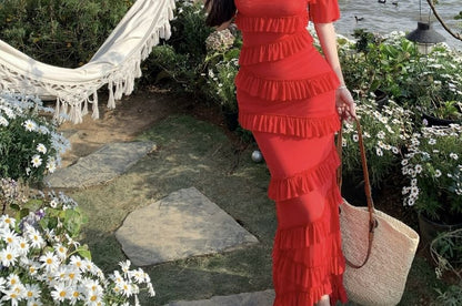 Off-Shoulder Ruffle Trim Mini Sheath Dress with Short Sleeves