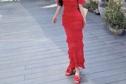 Off-Shoulder Ruffle Trim Mini Sheath Dress with Short Sleeves