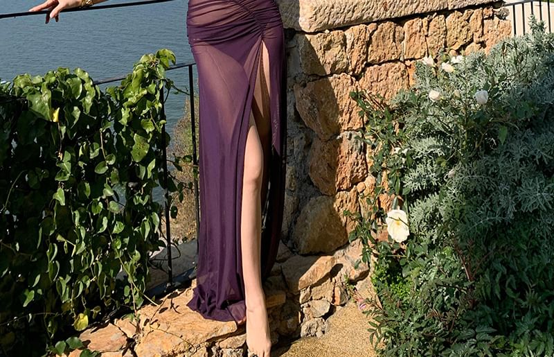 Frill Trim Cutout Ruched Slit Maxi Bodycon Dress with Spaghetti Straps
