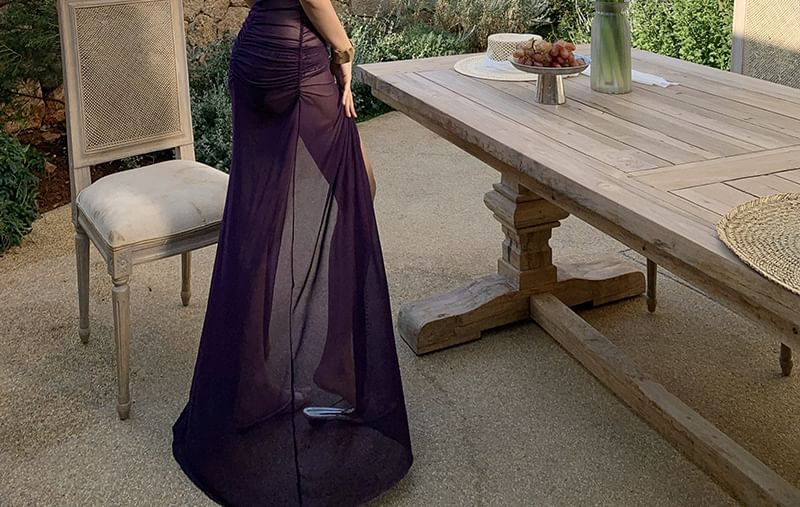 Frill Trim Cutout Ruched Slit Maxi Bodycon Dress with Spaghetti Straps