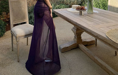 Frill Trim Cutout Ruched Slit Maxi Bodycon Dress with Spaghetti Straps