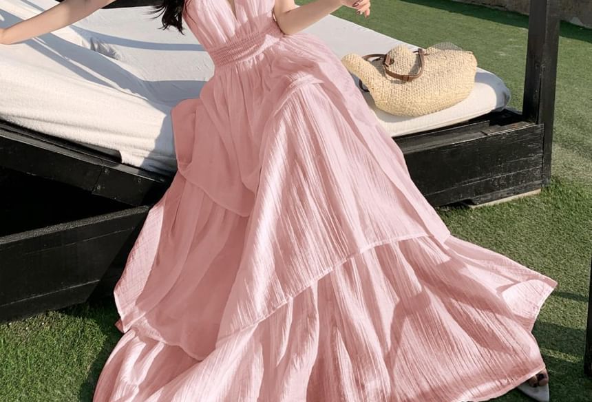 Smocked Tiered Open Back Maxi A-Line Dress with Halter Neckline