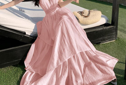 Smocked Tiered Open Back Maxi A-Line Dress with Halter Neckline