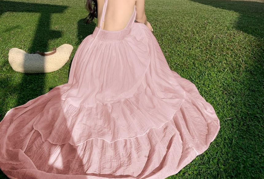 Smocked Tiered Open Back Maxi A-Line Dress with Halter Neckline