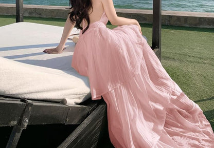 Smocked Tiered Open Back Maxi A-Line Dress with Halter Neckline