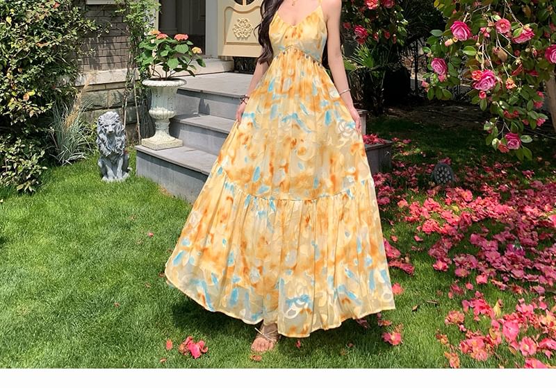 Tie Dye Fringed Maxi A-Line Halter Dress