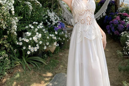 Eyelet Lace Panel Open Back Maxi A-Line Dress with Halter Neck