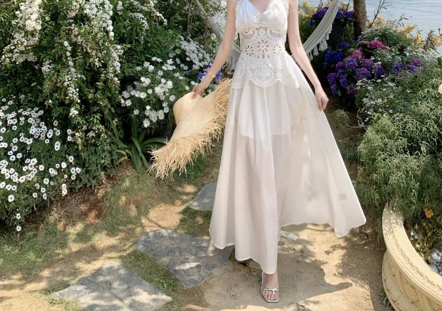 Eyelet Lace Panel Open Back Maxi A-Line Dress with Halter Neck