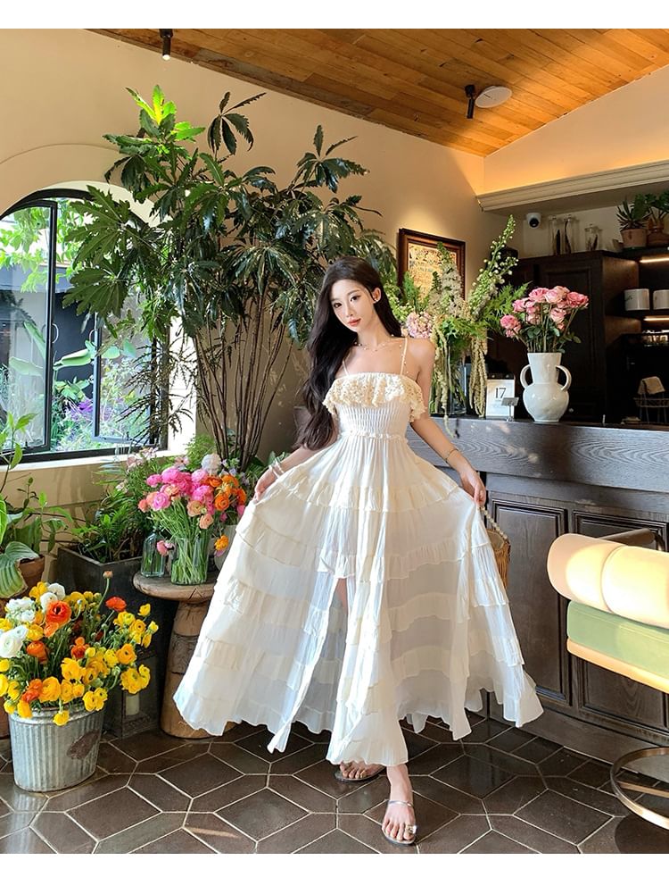 Lace Panel Ruffle Trim Smocked Tiered Slit Maxi A-Line Dress