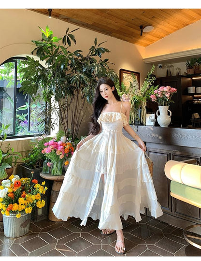 Lace Panel Ruffle Trim Smocked Tiered Slit Maxi A-Line Dress