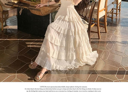 Lace Panel Ruffle Trim Smocked Tiered Slit Maxi A-Line Dress