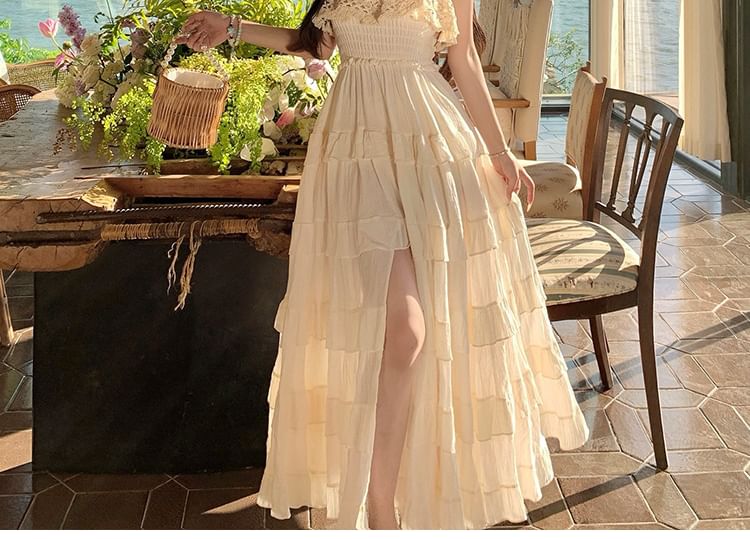 Lace Panel Ruffle Trim Smocked Tiered Slit Maxi A-Line Dress