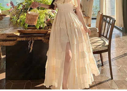Lace Panel Ruffle Trim Smocked Tiered Slit Maxi A-Line Dress