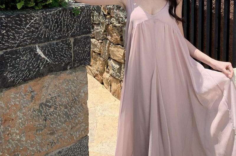 Plain Open Back V-Neck Maxi Sundress with Spaghetti Straps