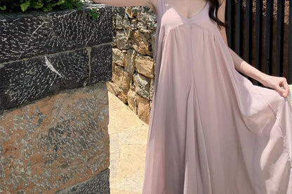 Plain Open Back V-Neck Maxi Sundress with Spaghetti Straps