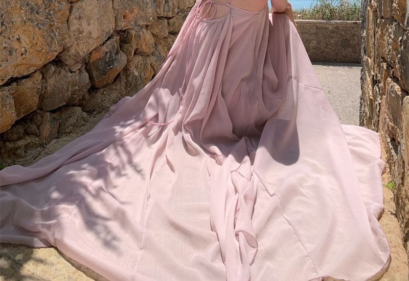 Plain Open Back V-Neck Maxi Sundress with Spaghetti Straps