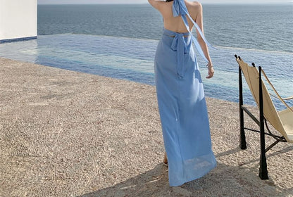 Ruched Slit Maxi A-Line Dress with Halter V-Neck
