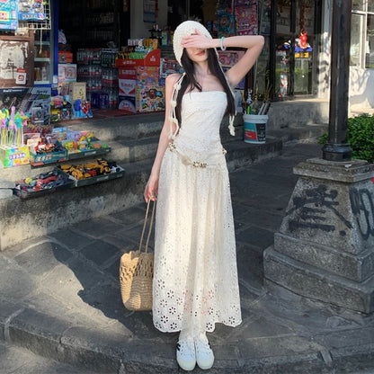 Lace Maxi A-Line Dress with Spaghetti Straps and Belt