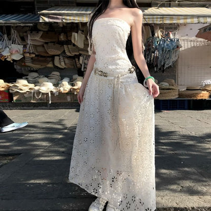Lace Maxi A-Line Dress with Spaghetti Straps and Belt
