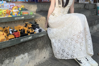 Lace Maxi A-Line Dress with Spaghetti Straps and Belt
