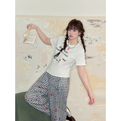 Short-Sleeve Round Neck Lettering Embroidered Tee / High Rise Plaid Wide Leg Pants