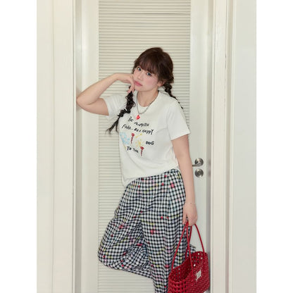 Short-Sleeve Round Neck Lettering Embroidered Tee / High Rise Plaid Wide Leg Pants
