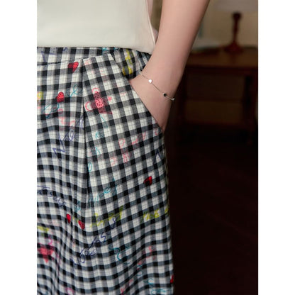 Short-Sleeve Round Neck Lettering Embroidered Tee / High Rise Plaid Wide Leg Pants