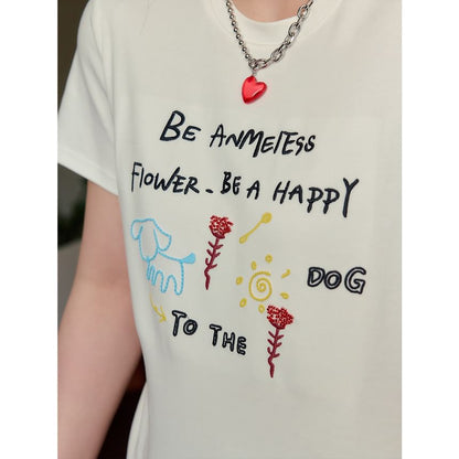 Short-Sleeve Round Neck Lettering Embroidered Tee / High Rise Plaid Wide Leg Pants