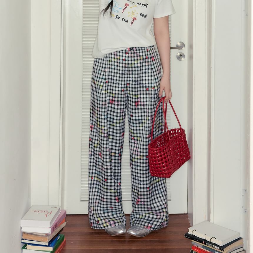 Short-Sleeve Round Neck Lettering Embroidered Tee / High Rise Plaid Wide Leg Pants