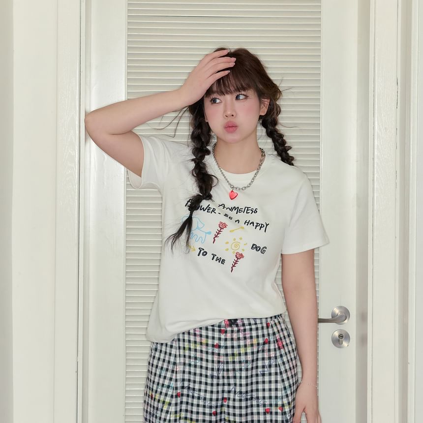 Short-Sleeve Round Neck Lettering Embroidered Tee / High Rise Plaid Wide Leg Pants