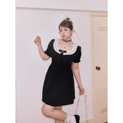 Puff-Sleeve Scoop Neck Lace Panel Bow Accent Mini A-Line Dress