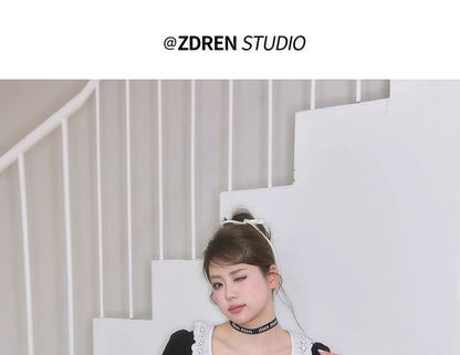 Puff-Sleeve Scoop Neck Lace Panel Bow Accent Mini A-Line Dress